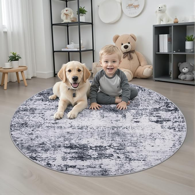 Round Area Rug Living Room: 5 ft Modern Washable Carpet Grey | - Image 2