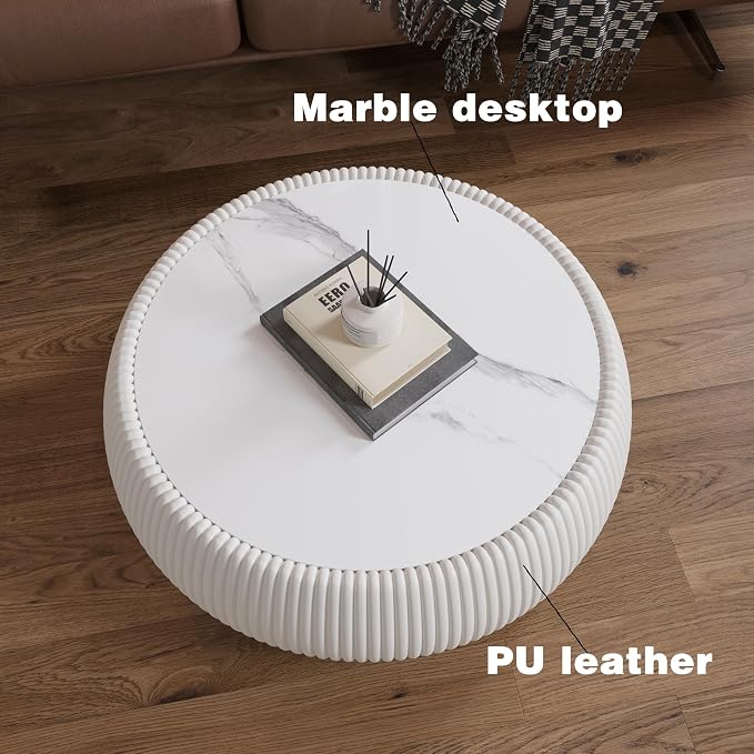 27.55" Round Marble Coffee Table, Modern Drum Coffee Cocktail Center Tables - Image 6