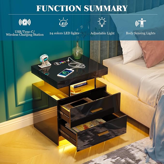 WOOVIVS Night Stand Set 2 with USB/Type-C/Wireless Charging Station, Blakc - Image 7