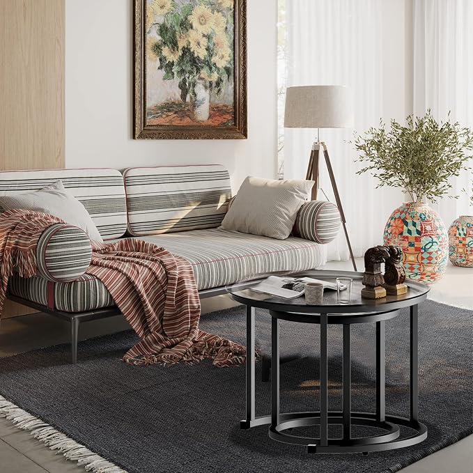 aboxoo Black Nesting Coffee Glass Table Set of 2, Metal Freme Side End Tables - Image 9