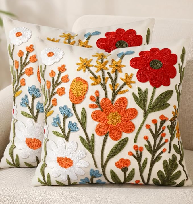 Embroidered Throw Pillow Covers 18x18 Inch, Flower Cluster | Decorative Pillow by Kokaaee