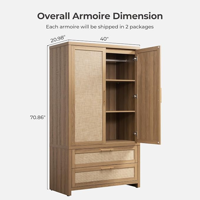 SICOTAS Rattan Armoire Wardrobe Closet Cabinet, Boho Large-Capacity Deep - Image 2