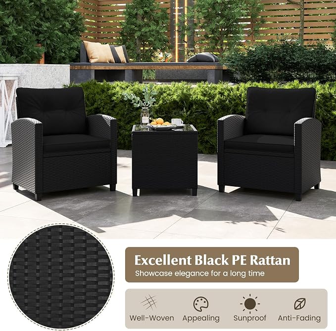 Tangkula 3 Piece Patio Furniture Set, Rattan Conversation Set w/Soft Seat & - Image 7