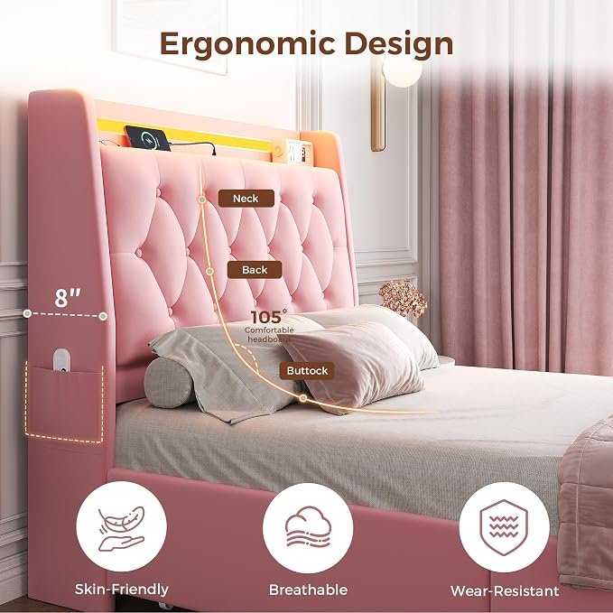 Twin LED Velvet Bed Frame with 2 Storage Drawers&Hidden Headboard, Upholstered - Image 7