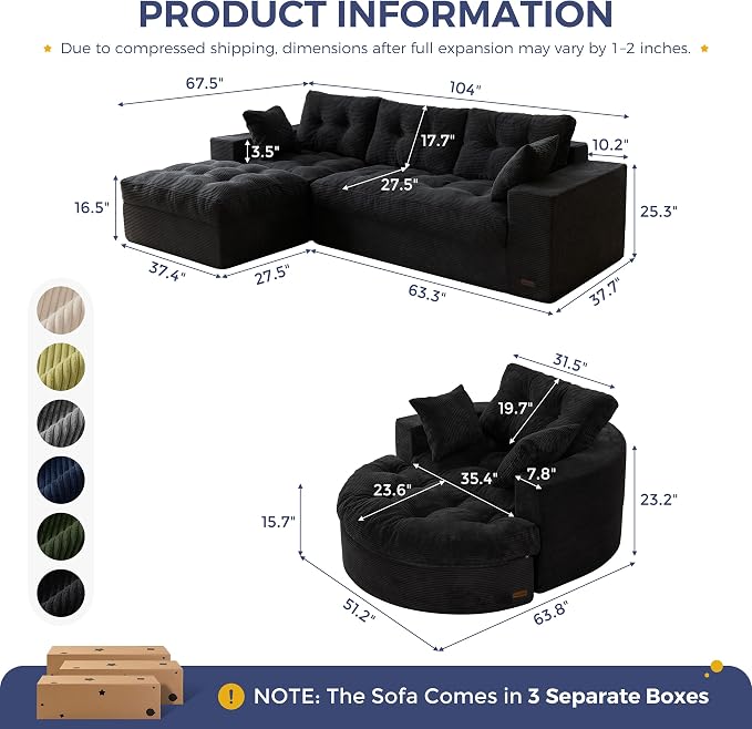 MAXYOYO L Shape Sectional Sofa Couch and Round Chaise Lounge, Modern Cloud Couch - Image 2