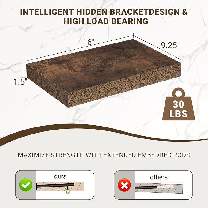 Acovy 16 Inch Floating Shelves, Wooden Shelves - Image 3
