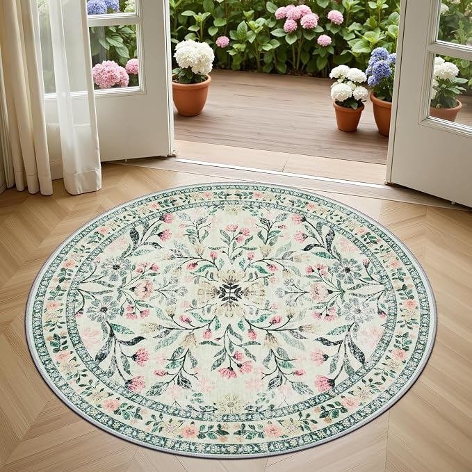 PLHXFR Round Area Rug Living Room: 4 ft Floral Washable Carpet Green Beige | - Image 2