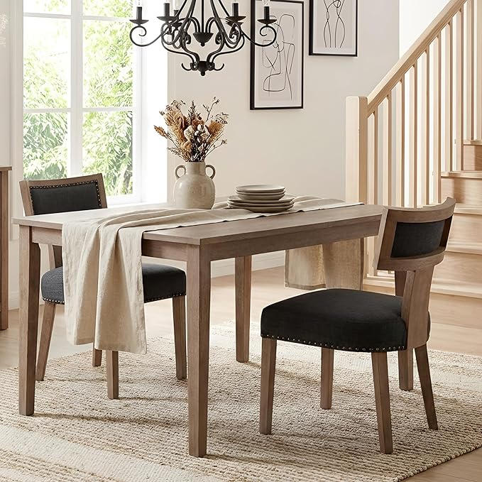 HNY Mid Century Modern Dining Chairs Set of 2, Farmhouse Linen Fabric by HNY