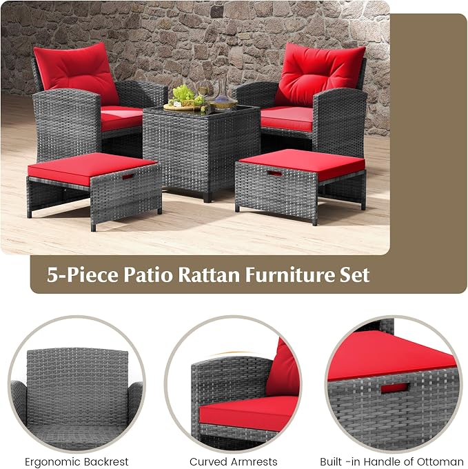 Tangkula 5 Pieces Patio Conversation Set, PE Wicker Rattan Outdoor Furniture Set - Image 5