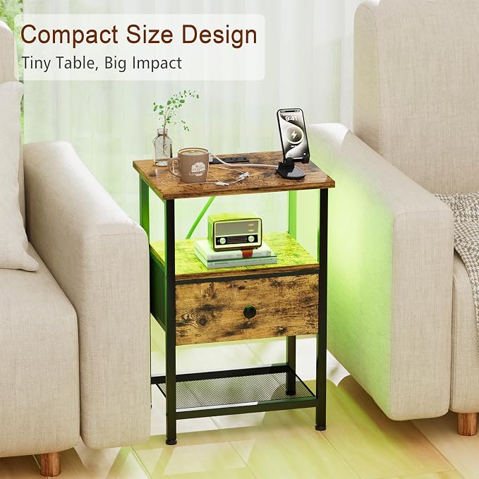 LOAKEKEL Nightstand with Charging Station, End Table with Fabric Drawer - Image 6