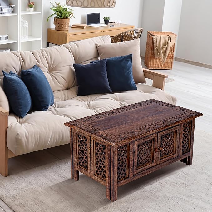 Hand-Carved Wooden Coffee Table – 36” x 18” Rectangular Mango Wood Center Table - Image 9