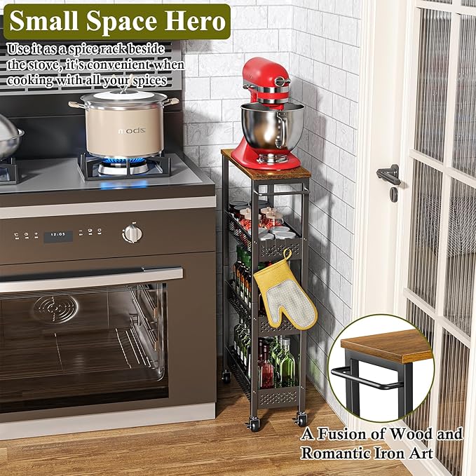 OKZEST Utility Slim Storage Cart, 4 Tier Small Rolling Kitchen Laundry Room Cart - Image 2