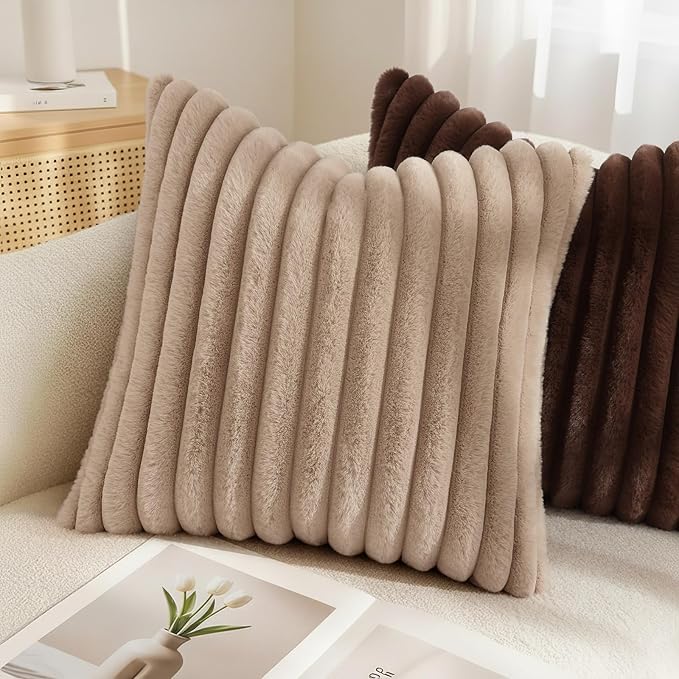 decorUhome Fall Faux Fur Throw Pillow Covers 20x20 Set of 2 Khaki Brown | - Image 4