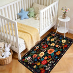 Floral Washable 2x4 Area Rugs Runner Entryway Hallway Black | Flower Carpet - Image 2