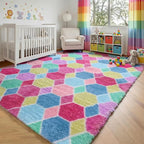 Checkered 6x9 Area Rugs for Living Room, Fluffy Pink Rainbow Girls Rug | Soft - Image 8