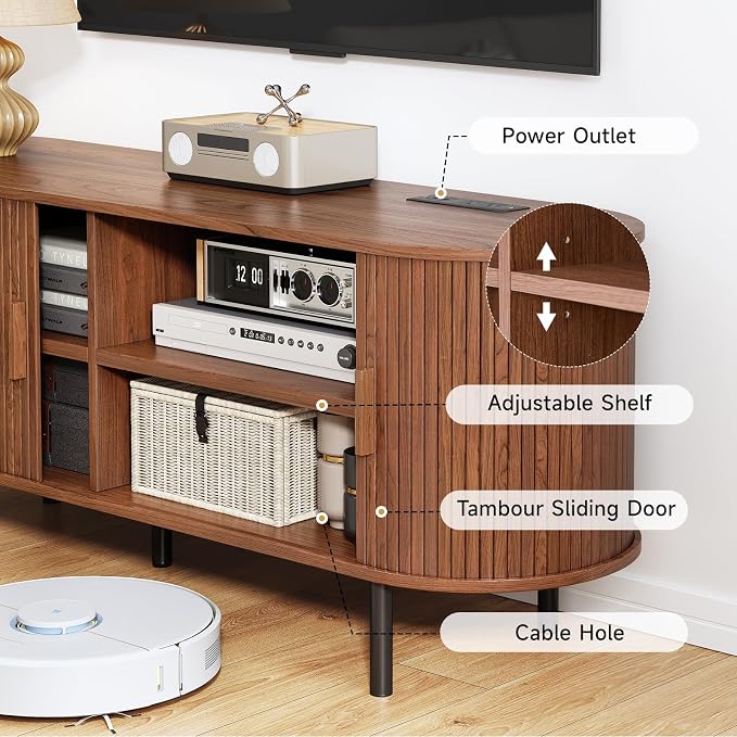 63" Fluted TV Stand with Power Outlet, Modern Media Console with Sliding Doors - Image 6