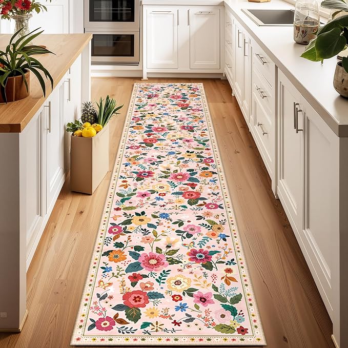Floral Washable 2x8 Area Rugs Runner Entryway Hallway Pink | Flower Carpet by RELEANY