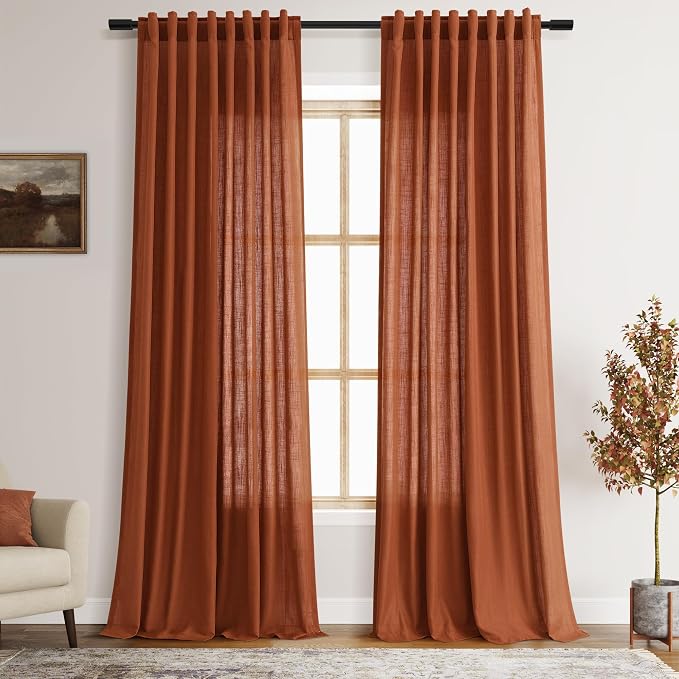 Terracotta Long Linen Curtains 102 Inches Long 2 Panel Set Back Tab Boho Rustic by Nanspring
