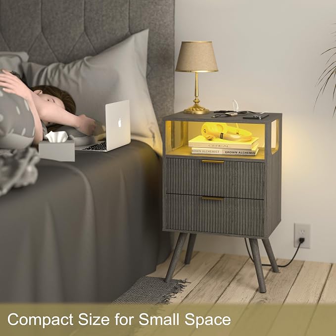JOONEE Nightstand with Charging Station and LED Lights, Modern Bedside Table - Image 4