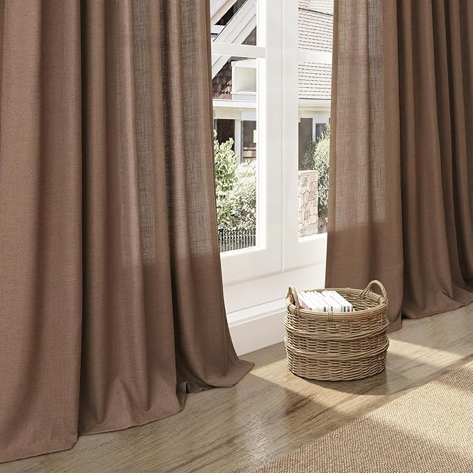 Caramel Brown Linen Semi Sheer Curtains 72 Inches Long 2 Panels Set - Image 5