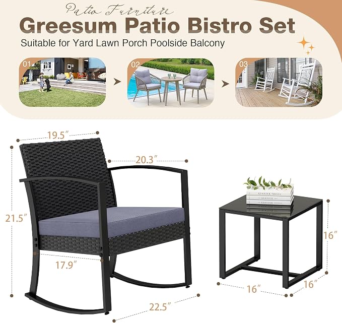 Greesum 3 Pieces Outdoor Furniture Set Patio Bistro Rocking Chairs - Image 7