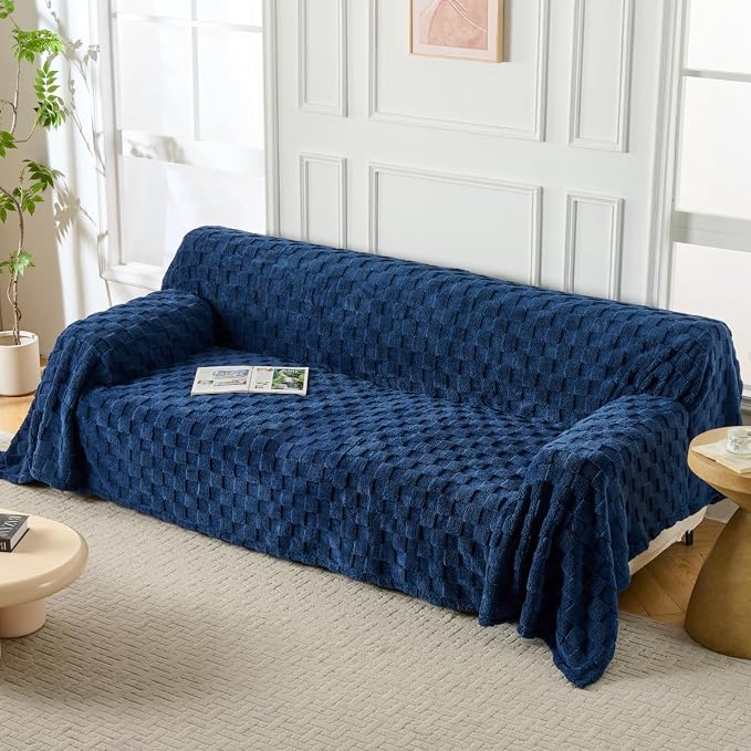 Fuzzy Navy Couch Cover for Sectional Sofa, Sofa Slipcover for 2 Cushion Couch - Image 2