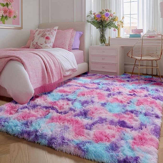 Rainbow Purple Rugs for Girls Bedoom 5x7 Ft, Fluffy Pastel Princess Carpet | by PAGISOFE