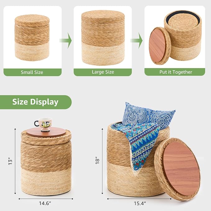 Wimarsbon Round Pouf Ottomans, Handwoven Natural Water Hyacinth Seagrass Pouffe - Image 3