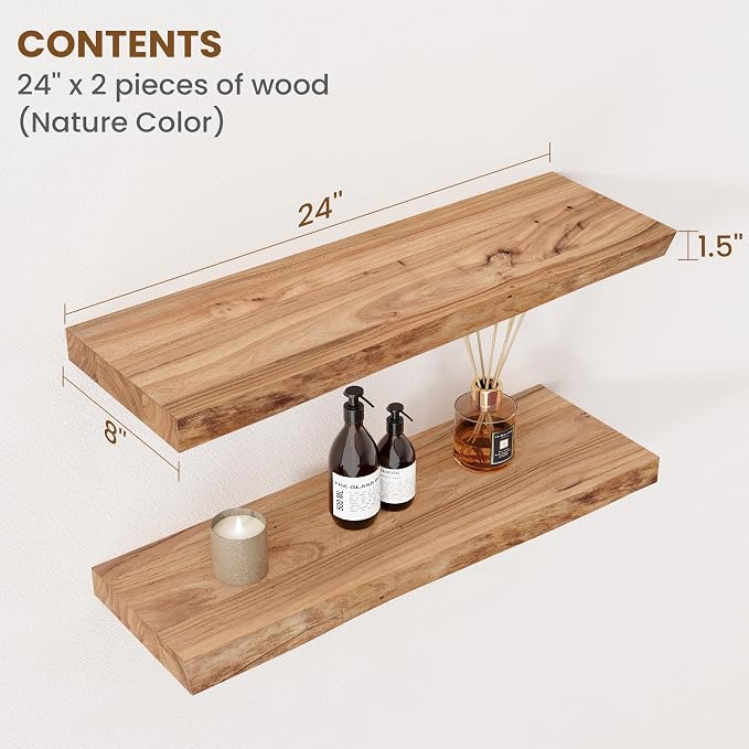 Floating Shelves for Wall Decor, Rustic Solid Elm Wood Live Edge Floating - Image 2
