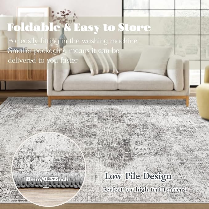 Area Rug 5x7 Washable Rug, Vintage Boho Medallion Rugs Non-Slip Soft Low Pile - Image 7