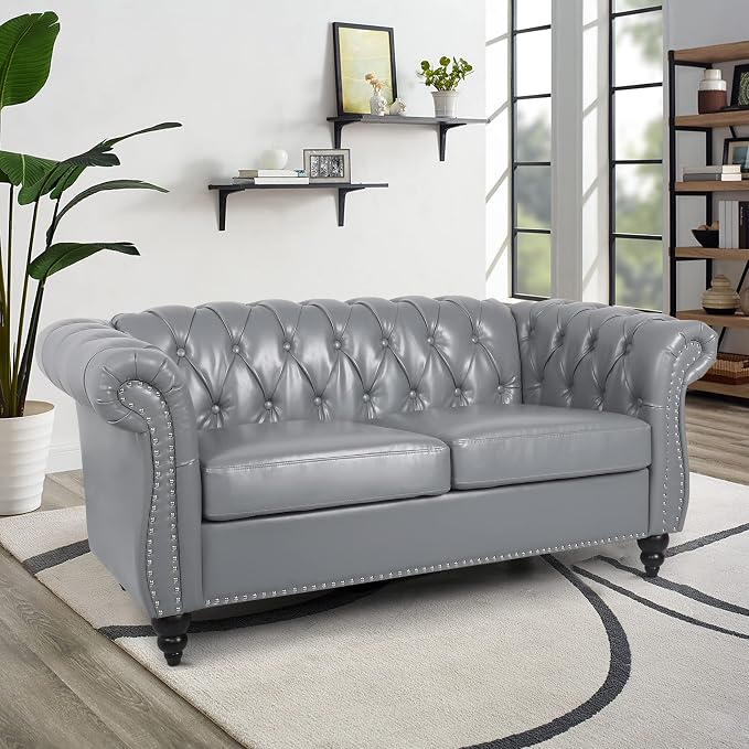 LEVNARY Leather Sofa, Chesterfield Tufted Upholstered 2 Seater Couch, Modern - Image 3