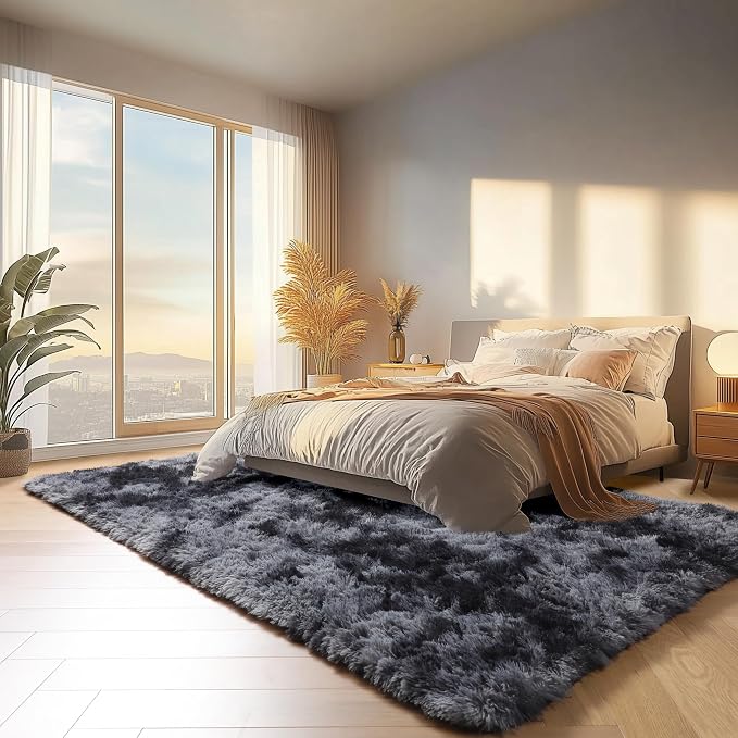 Area Rugs for Bedroom Living Room, Fluffy Tie-Dyed Dark Grey 4x6 Indoor Bedside - Image 7