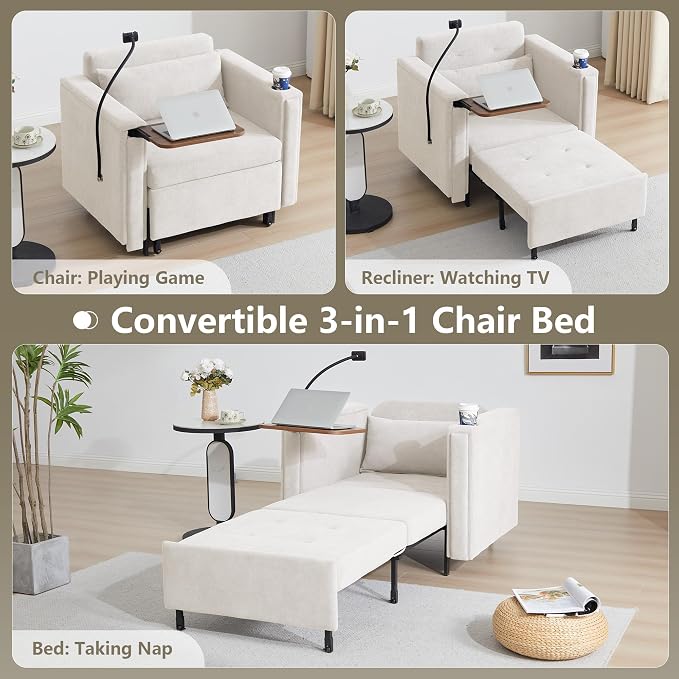 LEVNARY 3-in-1 Convertible Chair Pull Out Bed, Single Sofa Chair Sleeper - Image 3
