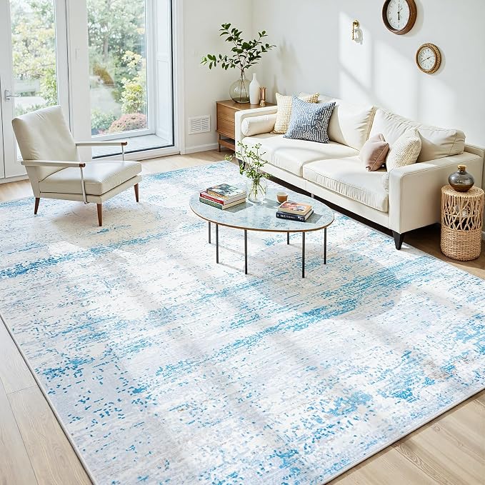 10x12 Washable Area Rug for Living Room Bedroom: Non-Slip Modern Light Blue | - Image 2