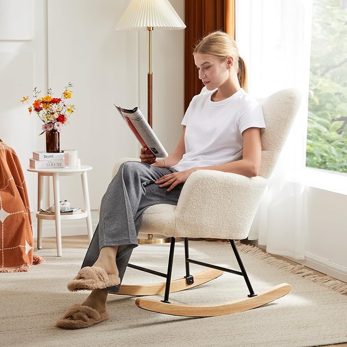 DUMOS Rocking Chair with High Backrest, Nursery Teddy Upholstered Indoor - Image 5
