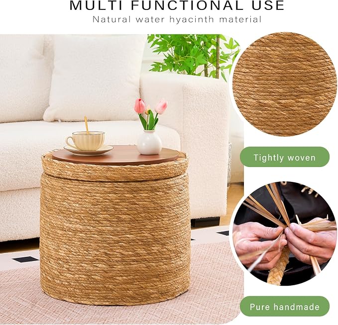 Wimarsbon Round Pouf Ottomans, Handwoven Natural Water Hyacinth Seagrass Pouffe - Image 4