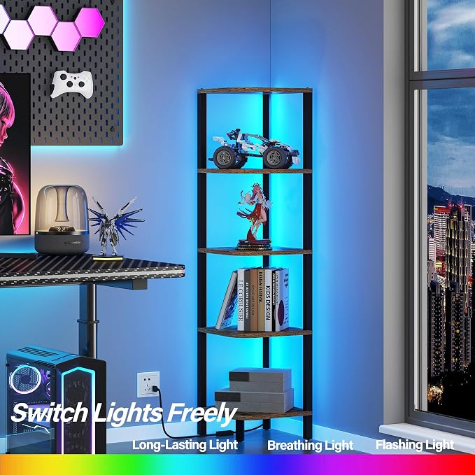 TUTOTAK Corner Shelf with LED Light, 5-Tier Corner Bookshelf - Image 3
