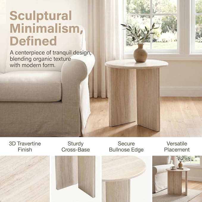 HNY Small Round Side Table Marble Veneer Wood Bedside Table 18" Modern End - Image 4