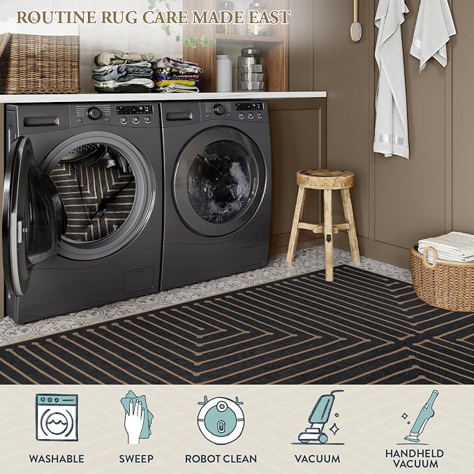 Lahome Black 3x5 Washable Rug, Neutral Easy Jute Entryway Front Porch Rug | - Image 5