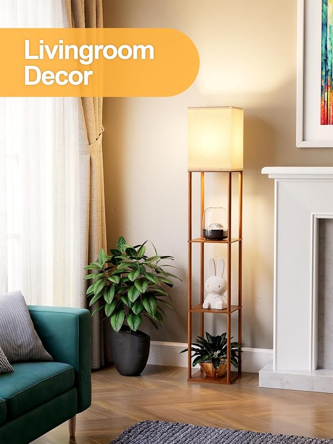 Floor Lamp with Shelves for Living Room Walnut Brown, Shelf Floor Lamp with 3 - Image 6