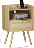 SUPERJARE Nightstand with Charging Station & Rattan-Like Decor Drawer, Rattan by SUPERJARE