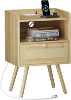 SUPERJARE Nightstand with Charging Station & Rattan-Like Decor Drawer, Rattan by SUPERJARE