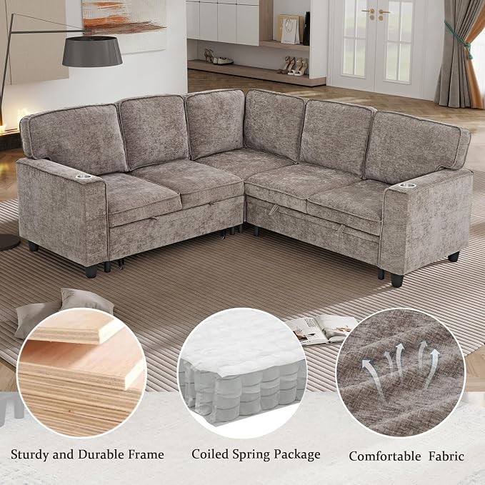 L-Shaped Sectional Couch with Storage and Pull Out Bed, Convertible Sofa Bed - Image 9