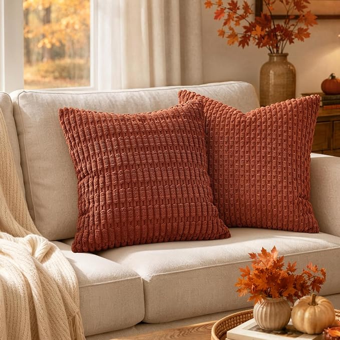 MIULEE Fall Corduroy Decorative Throw Pillow Covers 16x16 Rust Pack of 2 | - Image 2