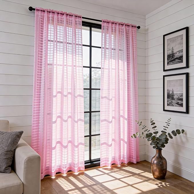 SpaceDresser Check Sheer Curtains 72 Inches 2 Panels Set, Rod Pocket Plaid - Image 4