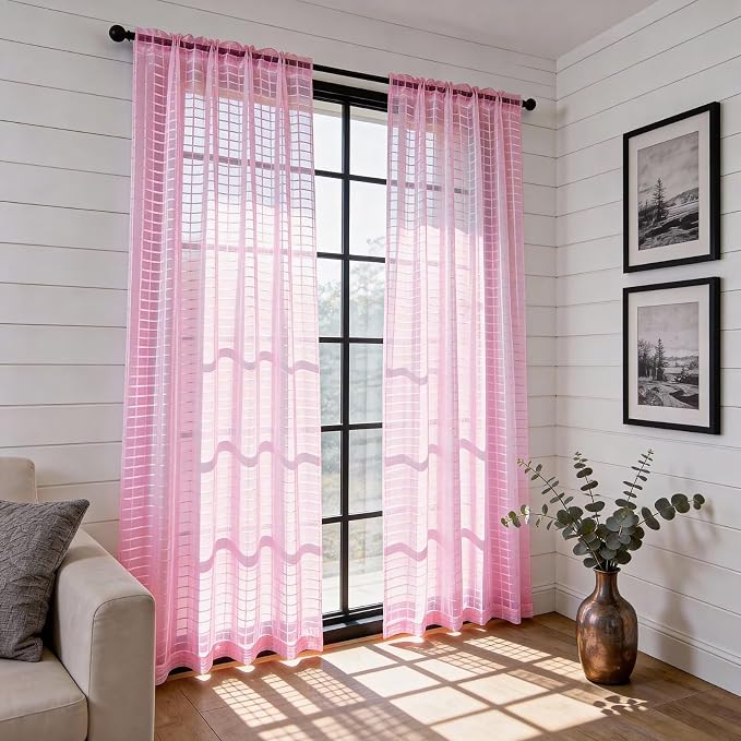 SpaceDresser Check Sheer Curtains 54 Inches 2 Panels Set, Rod Pocket Plaid - Image 4