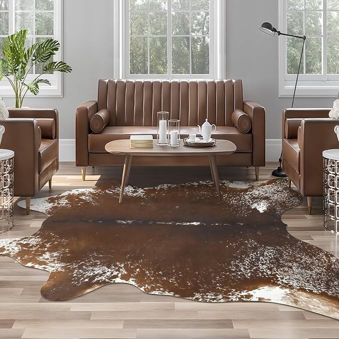 Faux Cowhide Rug, Animal Cow Hide Rug, 6.2 x 5.2 Ft Spotted Brown | Premium by AROGANAREARUG