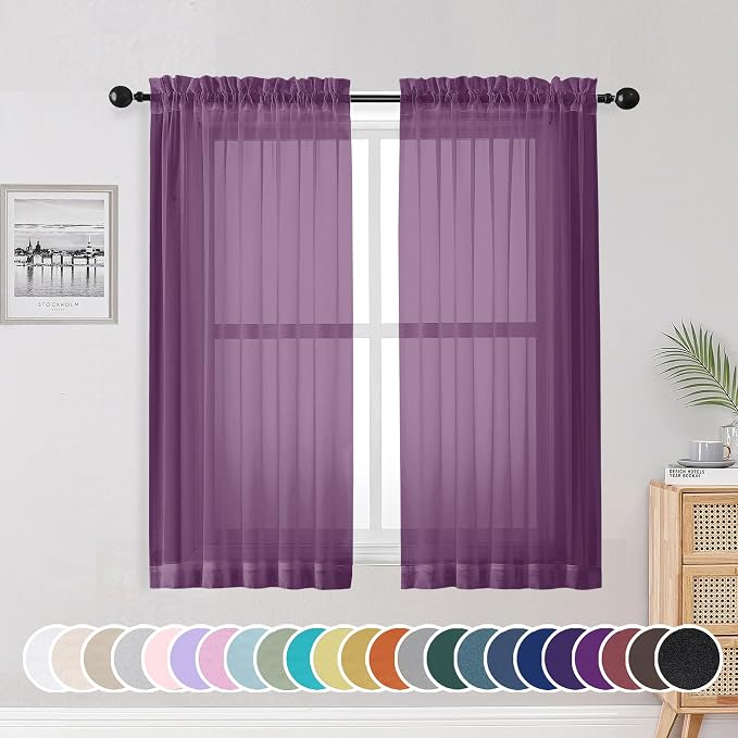 Sheer Curtains 54 Inch Length 2 Panels Set, Plam Clear Sheer Short Curtains by OWENIE
