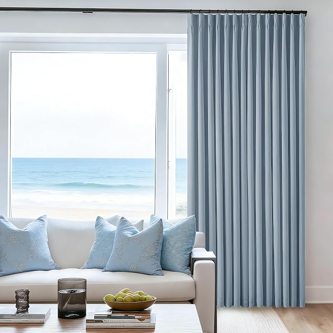 Blue Grey Pinch Pleated Full Blackout Curtains Linen 80 Inch Window Curtain | - Image 8