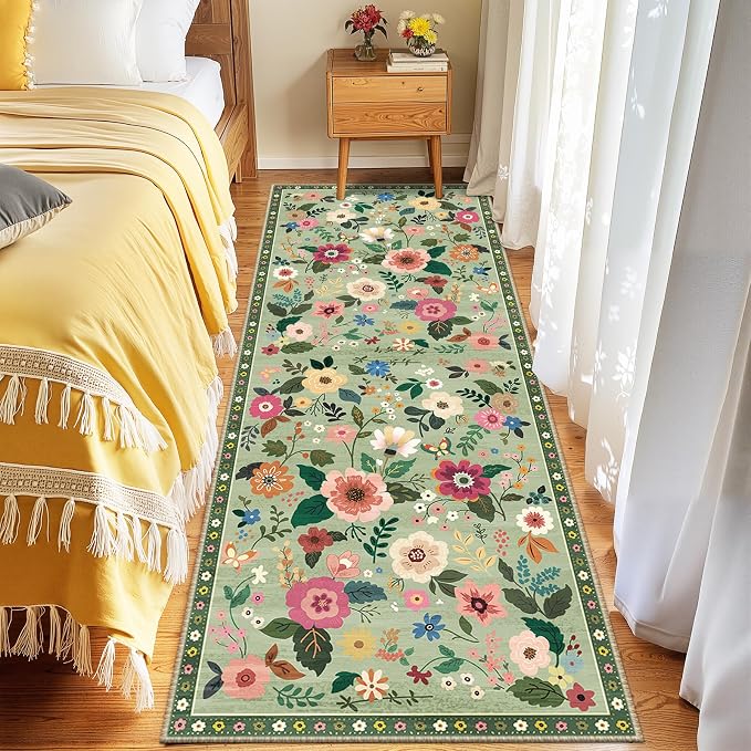 Floral Washable 2x10 Area Rugs Runner Entryway Hallway LightGreen | Flower - Image 9